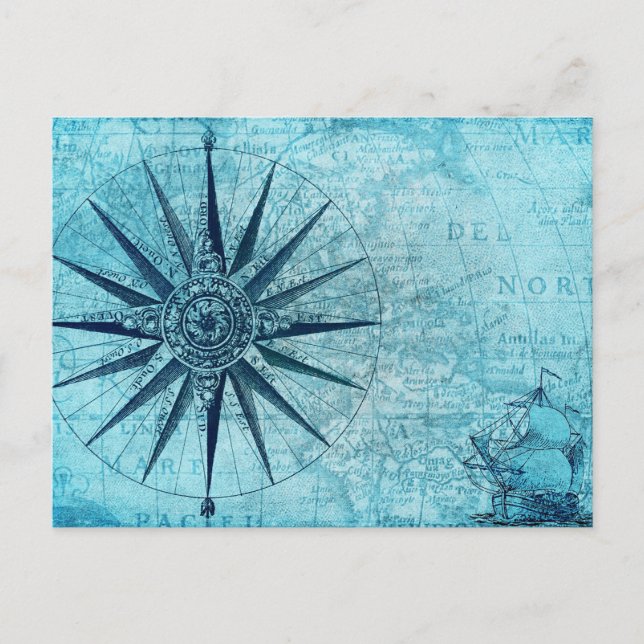 Vintage Nautical Navigation Compass Map Invitation Postcard (Front)