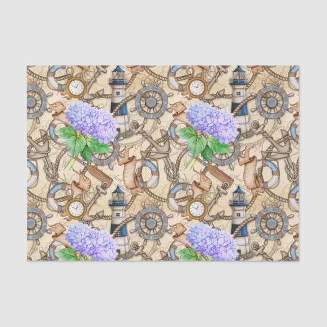 Vintage Nautical Navigation Map with Hydrangea   Tissue Paper (Front)