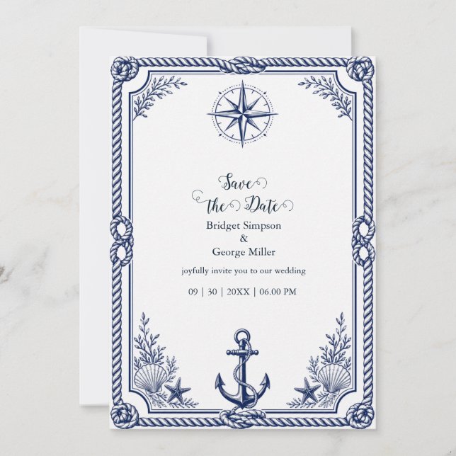 Vintage Nautical Navy Wedding Compass Invitation (Front)