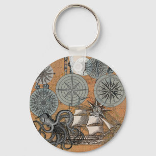 Vintage Nautical Octopus Sailing Art Print Graphic Key Ring