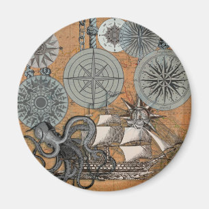 Vintage Nautical Octopus Sailing Art Print Graphic Magnet