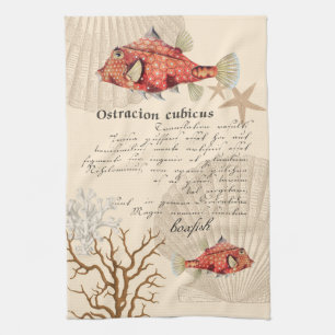 Vintage Nautical Orange Boxfish Illustration Tea Towel