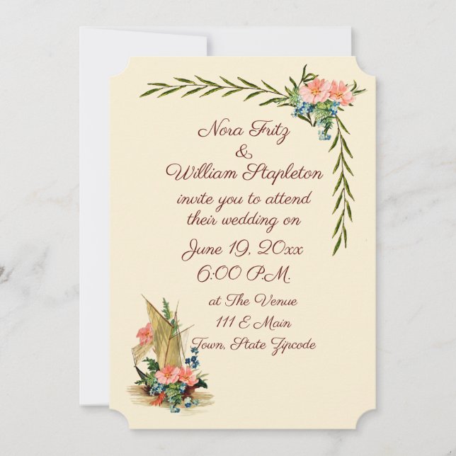 Vintage Nautical Romantic Sailboat with Flowers Invitation (Front)