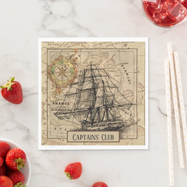 Vintage Nautical Sailing Ship Navigation Map Napkin (Insitu)