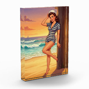Vintage Nautical Sailor Girl Pin-up Shoreline Art Photo Block