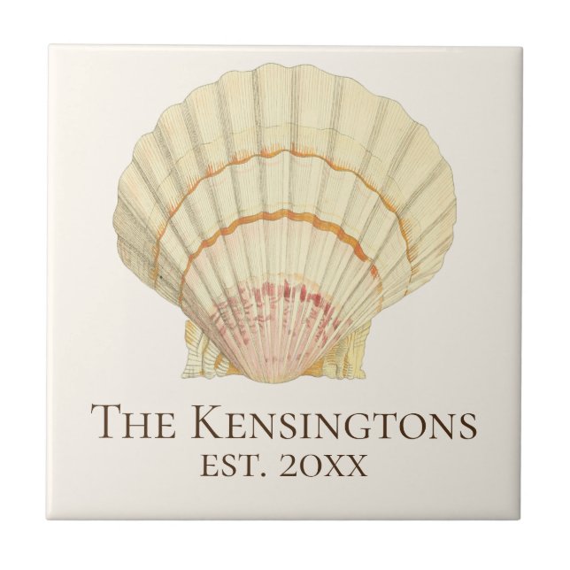 Vintage Nautical Scallop Seashell Family Name Ceramic Tile (Front)