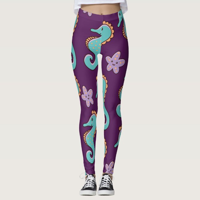 Vintage Nautical Seahorse Pattern Leggings (Front)