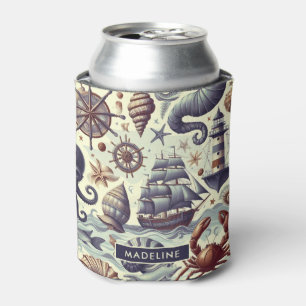 Vintage Nautical Sealife Illustration Can Cooler