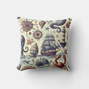 Vintage Nautical Sealife Illustration Cushion