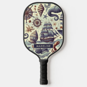 Vintage Nautical Sealife Illustration Pickleball Paddle