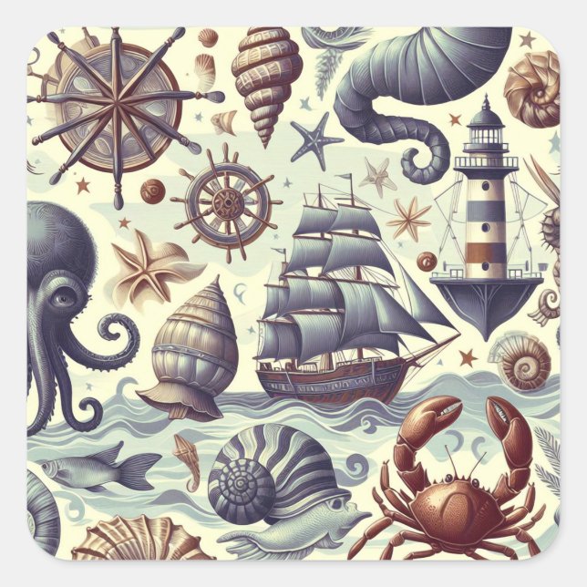 Vintage Nautical Sealife Illustration Square Sticker (Front)