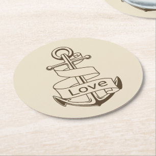 Vintage Nautical Ship Anchor Tan Love Wedding Round Paper Coaster