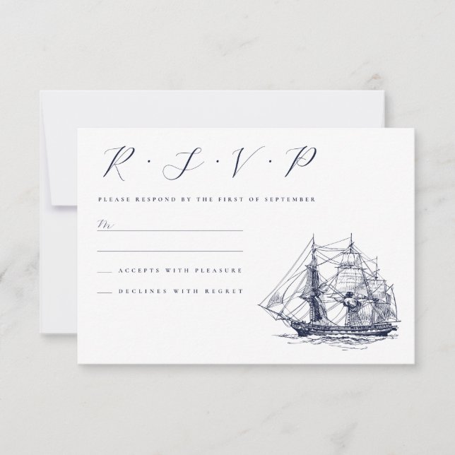 Vintage Nautical Ship Illustration Wedding RSVP Card (Front)