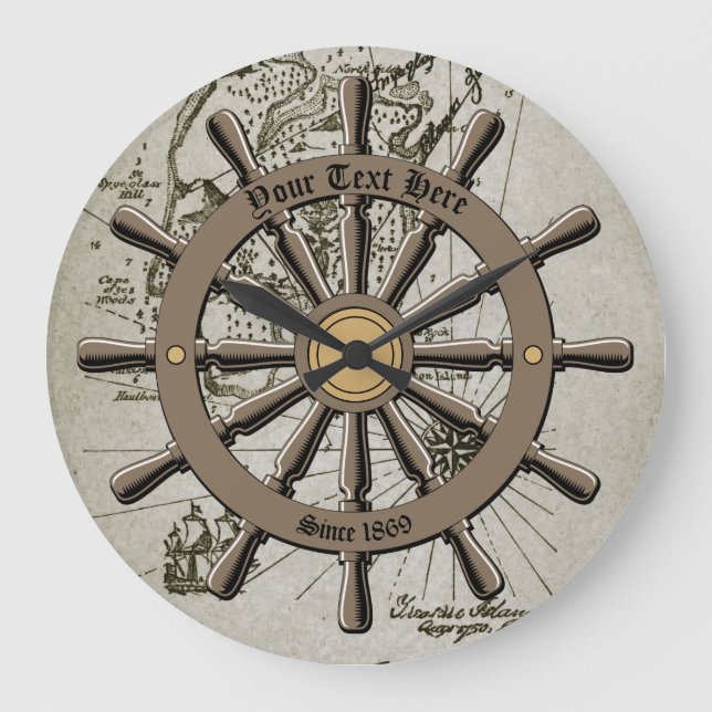 Vintage Nautical Ship's Wheel & Treasure Map Large Clock (Front)