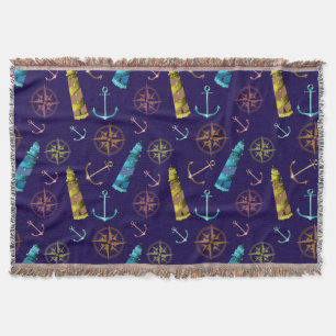 Vintage Nautical Signs Anchor Golden Lighthouse Throw Blanket