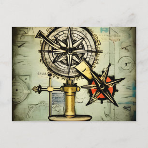 Vintage Navigation Map, Sextant and Compass Sketch Postcard