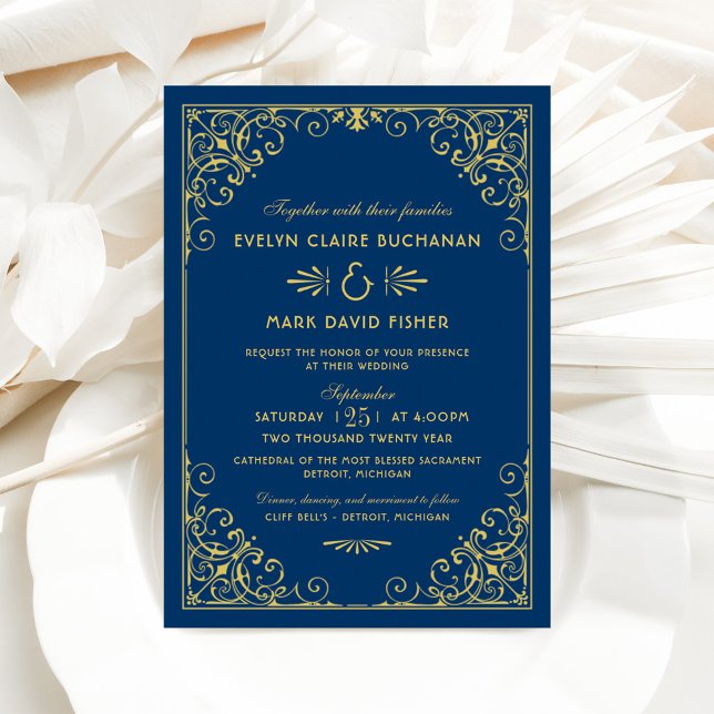  Vintage Navy and Gold Art Deco Wedding Invitation (Creator Uploaded)