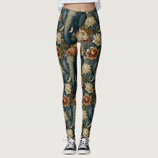 Vintage Navy and Orange Chintz Elephant Tiger Boho Leggings