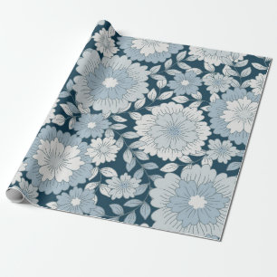 Vintage Navy and Steel Blue Groovy Floral Wrapping Paper