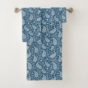 Vintage Navy and White Floral Paisley Bath Towel Set