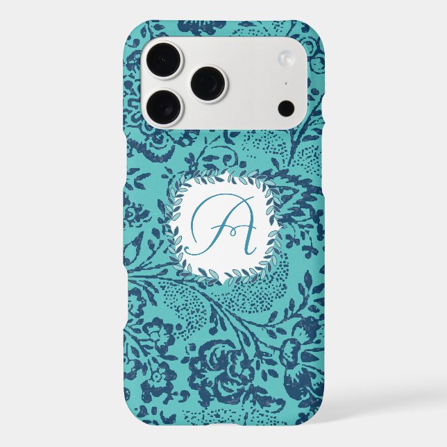 Vintage Navy Aqua Mint Damask Monogram iPhone (Back)