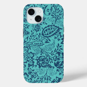 Vintage Navy Aqua Teal Damask Floral Pattern iPhone 15 Case