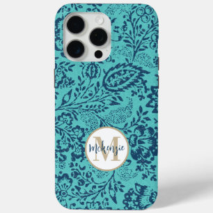Vintage Navy Aqua Yellow Damask Personalise iPhone iPhone 15 Pro Max Case