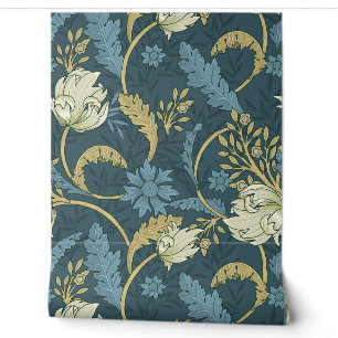Vintage Navy Blue and Gold William Morris Style Wallpaper
