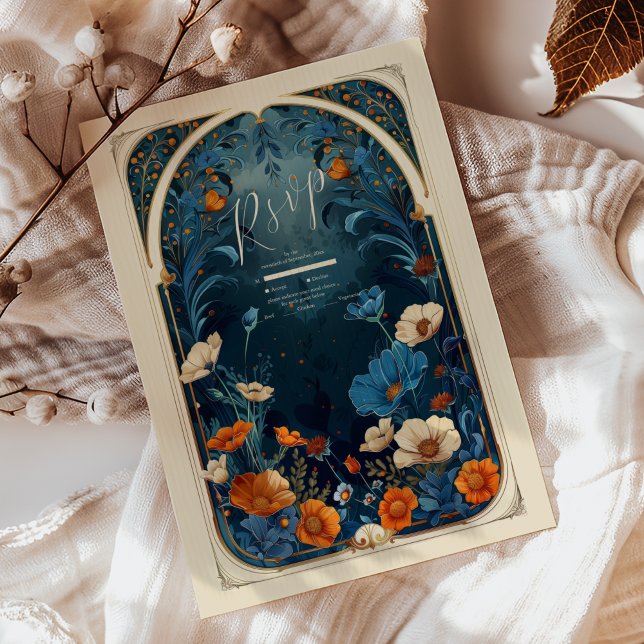 Vintage Navy Blue Art Nouveau Wedding RSVP Card (Creator Uploaded)