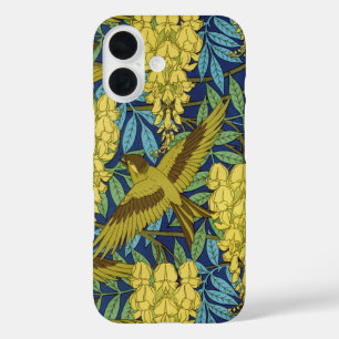 Vintage Navy Blue Bird & Yellow Floral Pattern iPhone 16 Case
