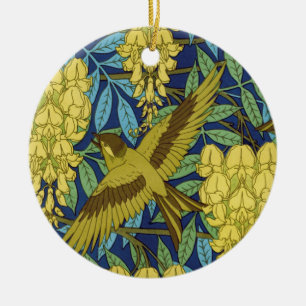 Vintage Navy Blue Bird & Yellow Floral Pattern Ceramic Ornament