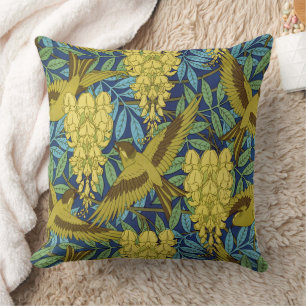Vintage Navy Blue Bird & Yellow Floral Pattern Cushion