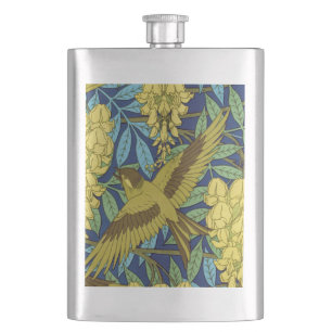 Vintage Navy Blue Bird & Yellow Floral Pattern Hip Flask