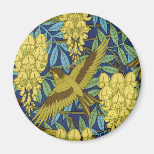 Vintage Navy Blue Bird & Yellow Floral Pattern Magnet