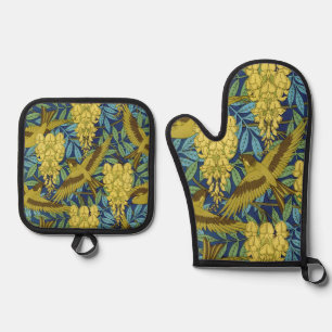 Vintage Navy Blue Bird & Yellow Floral Pattern Oven Mitt & Pot Holder Set