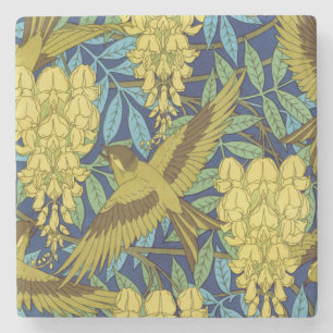 Vintage Navy Blue Bird & Yellow Floral Pattern Stone Coaster