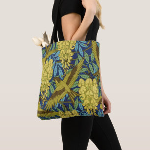 Vintage Navy Blue Bird & Yellow Floral Pattern Tote Bag