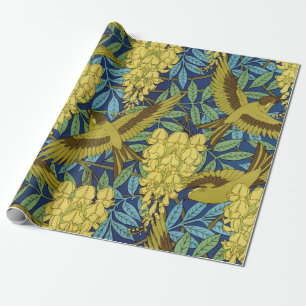 Vintage Navy Blue Bird & Yellow Floral Pattern Wrapping Paper