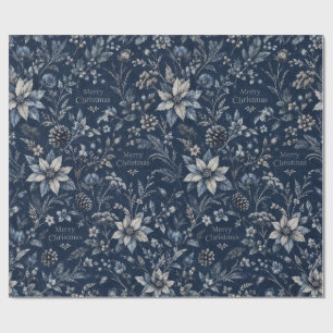 Vintage Navy Blue Botanical Merry Christmas Patter Wrapping Paper