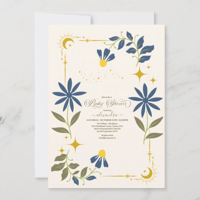 Vintage Navy Blue Celestial Botanical Baby Shower Invitation (Front)