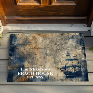 Vintage Navy Blue Custom Nautical Beach House Doormat