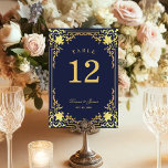 Vintage Navy Blue Faux Gold Elegant Script Wedding Table Number<br><div class="desc">This navy and gold elegant wedding table number, with a vintage air, has a vintage golden frame with baroque faux gold decorations on a navy blue background. The names are written in an elegant calligraphic script. All text can be personalised and has a golden colour similar to the gold decorations...</div>