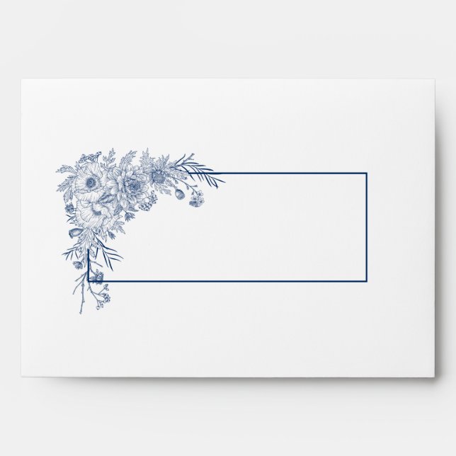 Vintage Navy Blue Floral Line Art Wedding Envelope (Front)