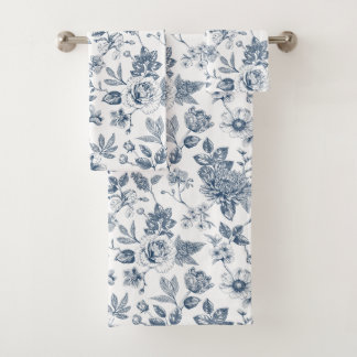 Vintage Navy Blue Floral Toile-De-Jouy Pattern  Bath Towel Set