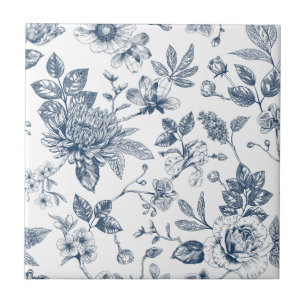 Vintage Navy Blue Floral Toile-De-Jouy Pattern Ceramic Tile