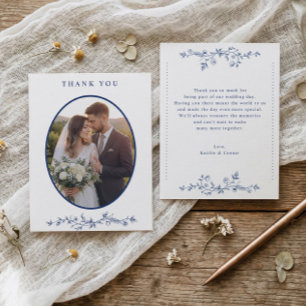 Vintage Navy Blue French Floral Wedding Photo Thank You Card