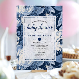 Vintage Navy Blue French Toile Floral Baby Shower Invitation