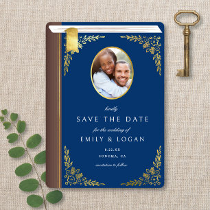Vintage Navy Blue Gold Book Photo Wedding  Save The Date