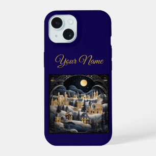 Vintage Navy Blue & Gold Christmas iPhone 15 Cas Case
