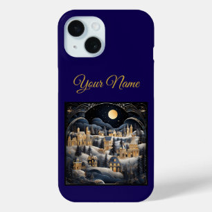 Vintage Navy Blue & Gold Christmas iPhone 15 Cas iPhone 15 Case